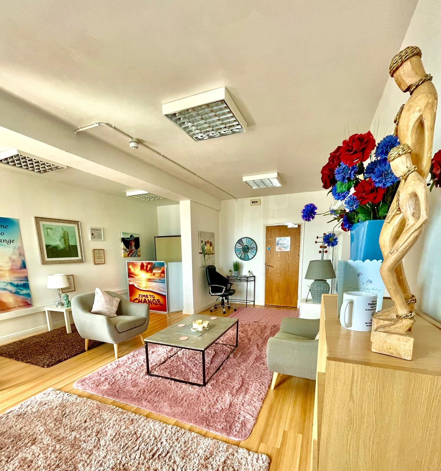 Linda Corlett's warm and welcoming counselling room at Time to Change, Gorey