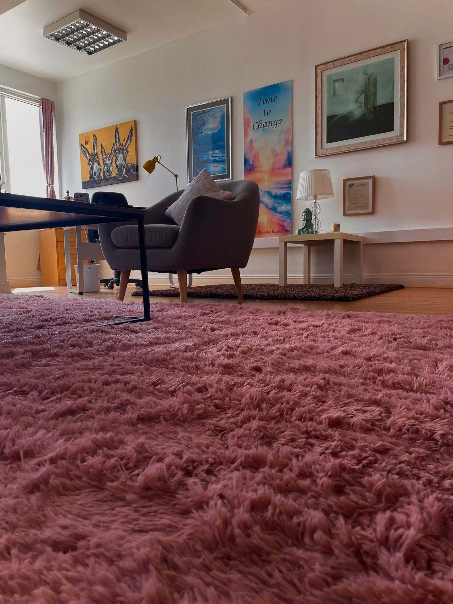 Soft rug and warm lighting — grounding details of the counselling space