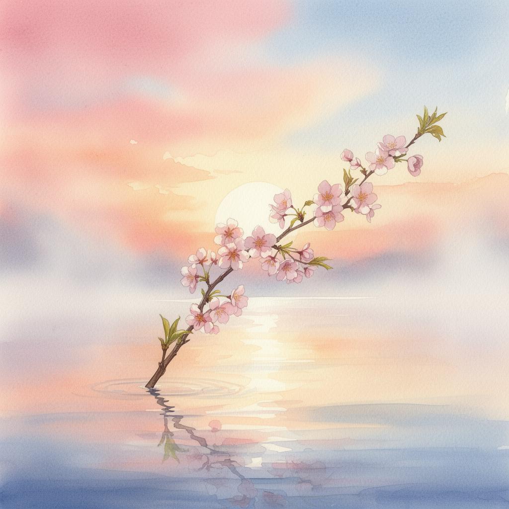 Soft watercolour of cherry blossoms over calm water at dawn — symbol of healing through grief